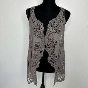 Boho Festival Crochet Vest Size L Gray Open Front Cotton HIppie
